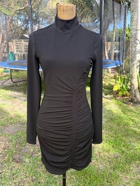 cinq a sept Black Ruched Long-Sleeve Turtleneck Dress